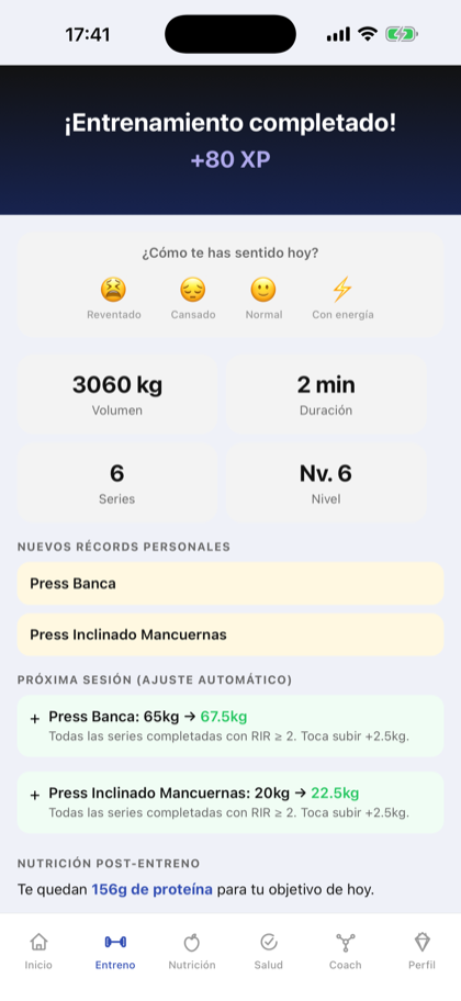 Resumen de un entreno con la subida de peso propuesta y el motivo