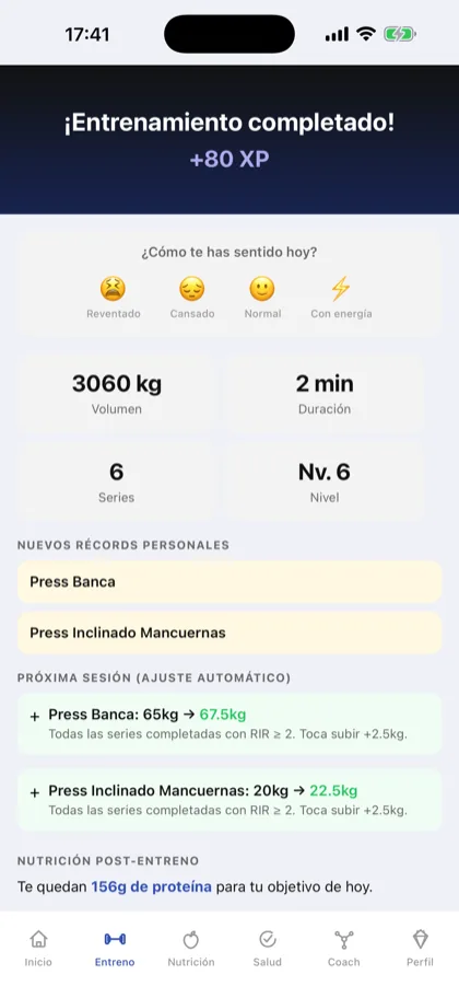 Resumen de un entreno con la subida de peso propuesta y el motivo