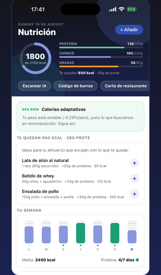 Pantalla de nutrición con calorías adaptativas, escáner con IA y recetas que encajan con lo que queda del día