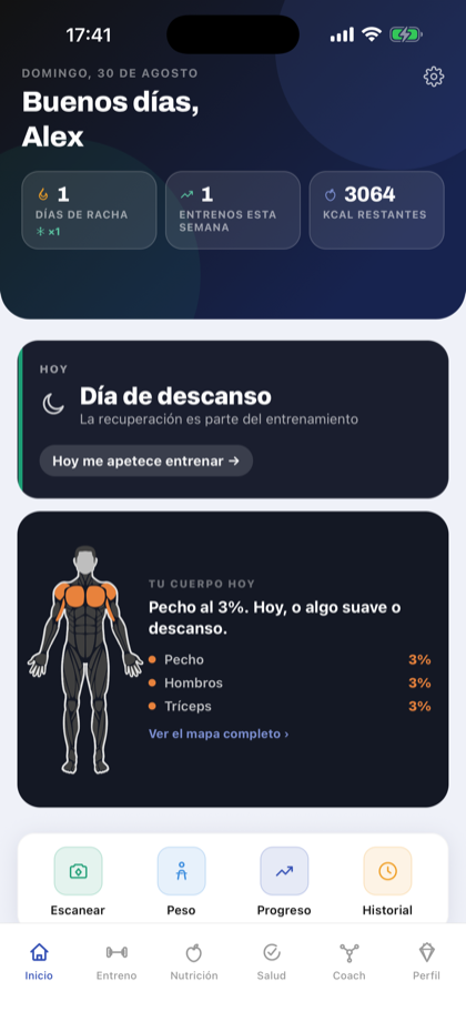 Pantalla de inicio con el mapa del cuerpo y la recuperación por grupo muscular