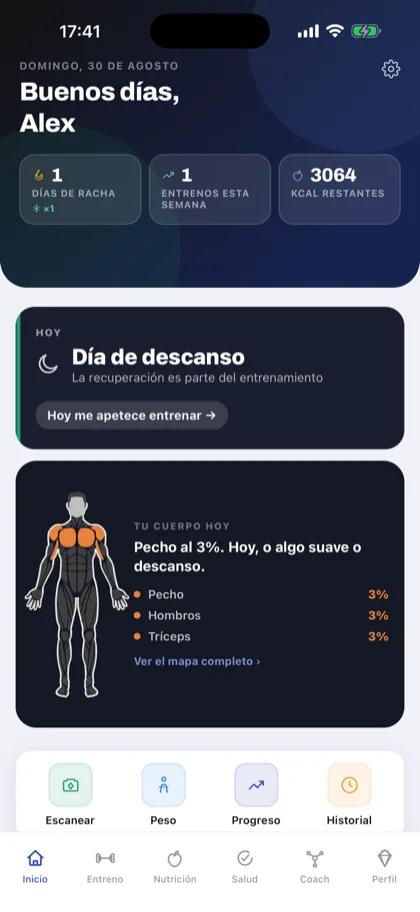 Pantalla de inicio con el mapa del cuerpo y la recuperación por grupo muscular