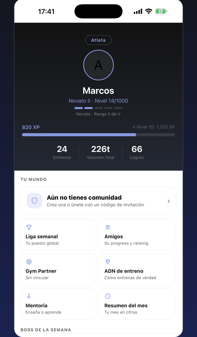 Perfil con nivel y rango, liga semanal, amigos y logros