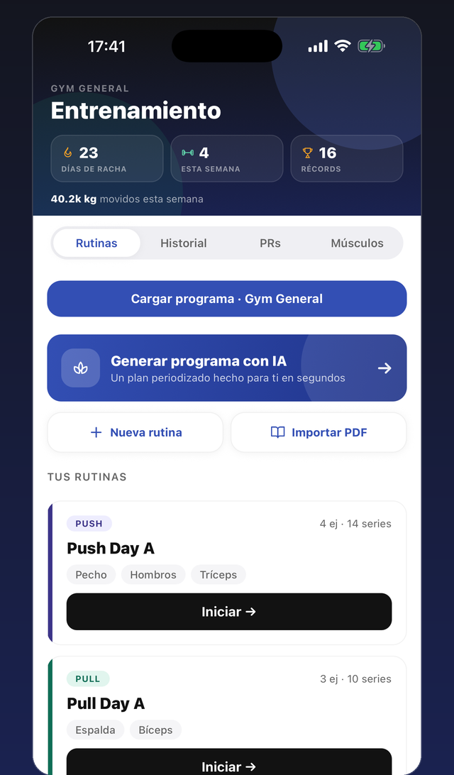 Pantalla de entrenamiento con rutinas Push y Pull, generador de programa y opción de importar el PDF del entrenador